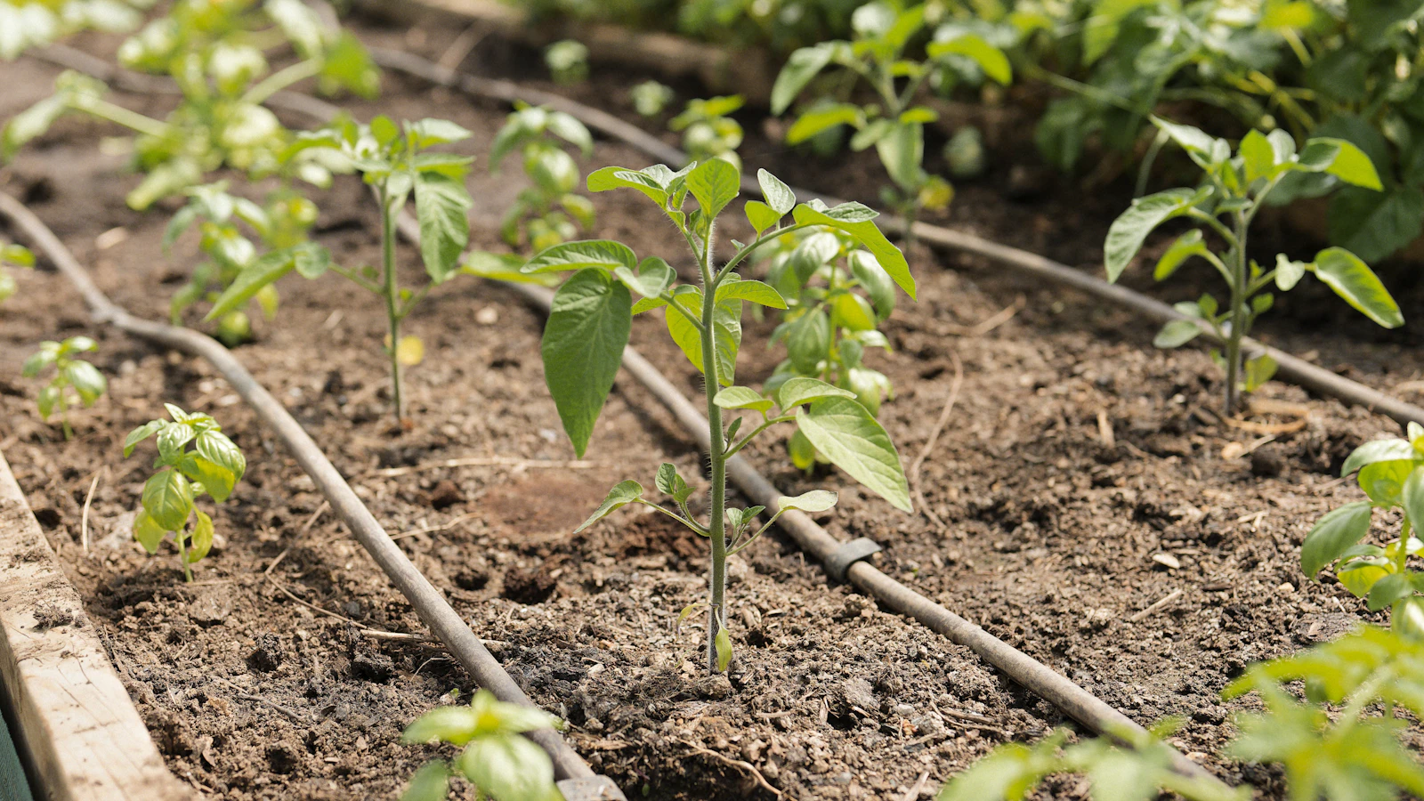 Drip-irrigation lines watering young plants in a garden bed