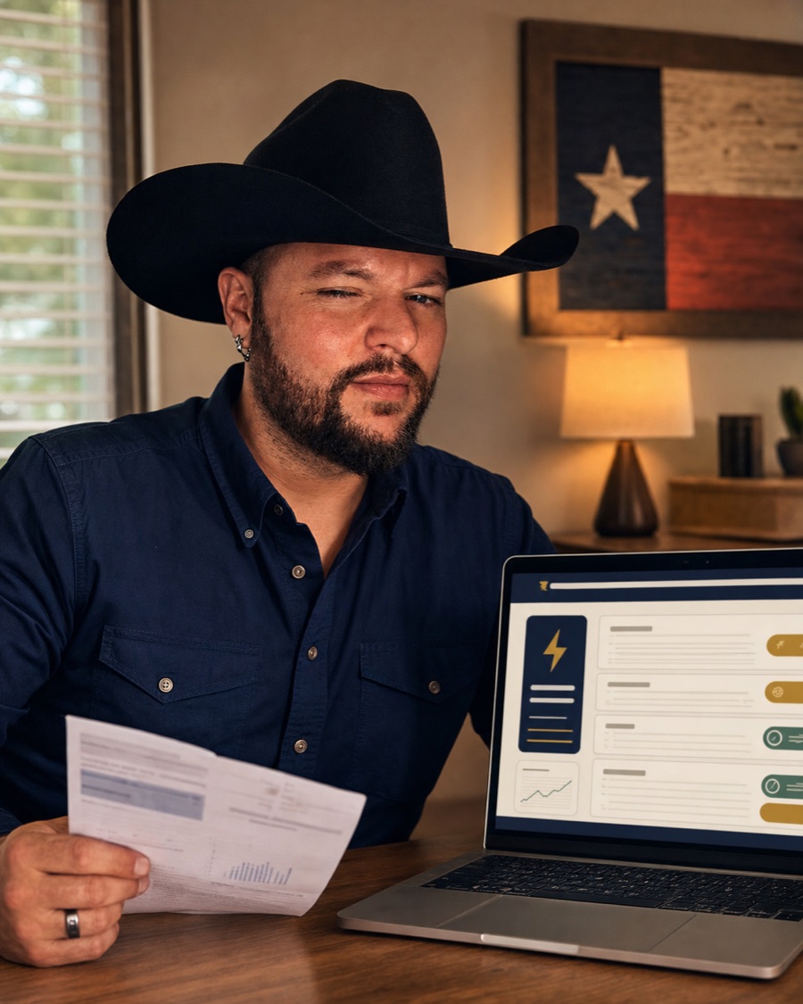 The founder of I Moved to Texas reviewing an electricity bill beside the plan comparison website